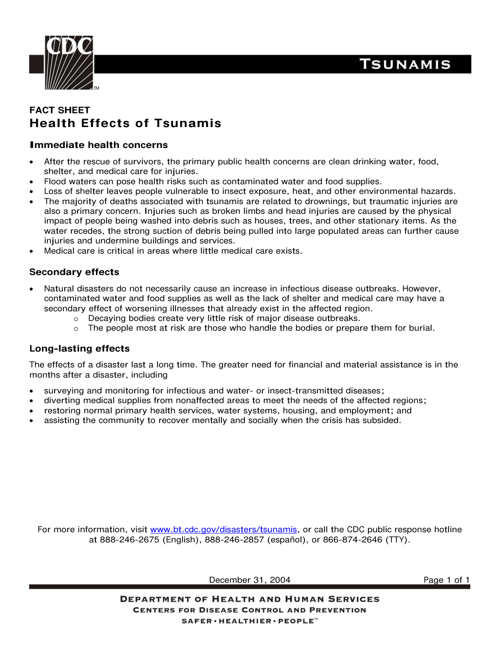 Tsunami Health Effects 2004 1 page cover