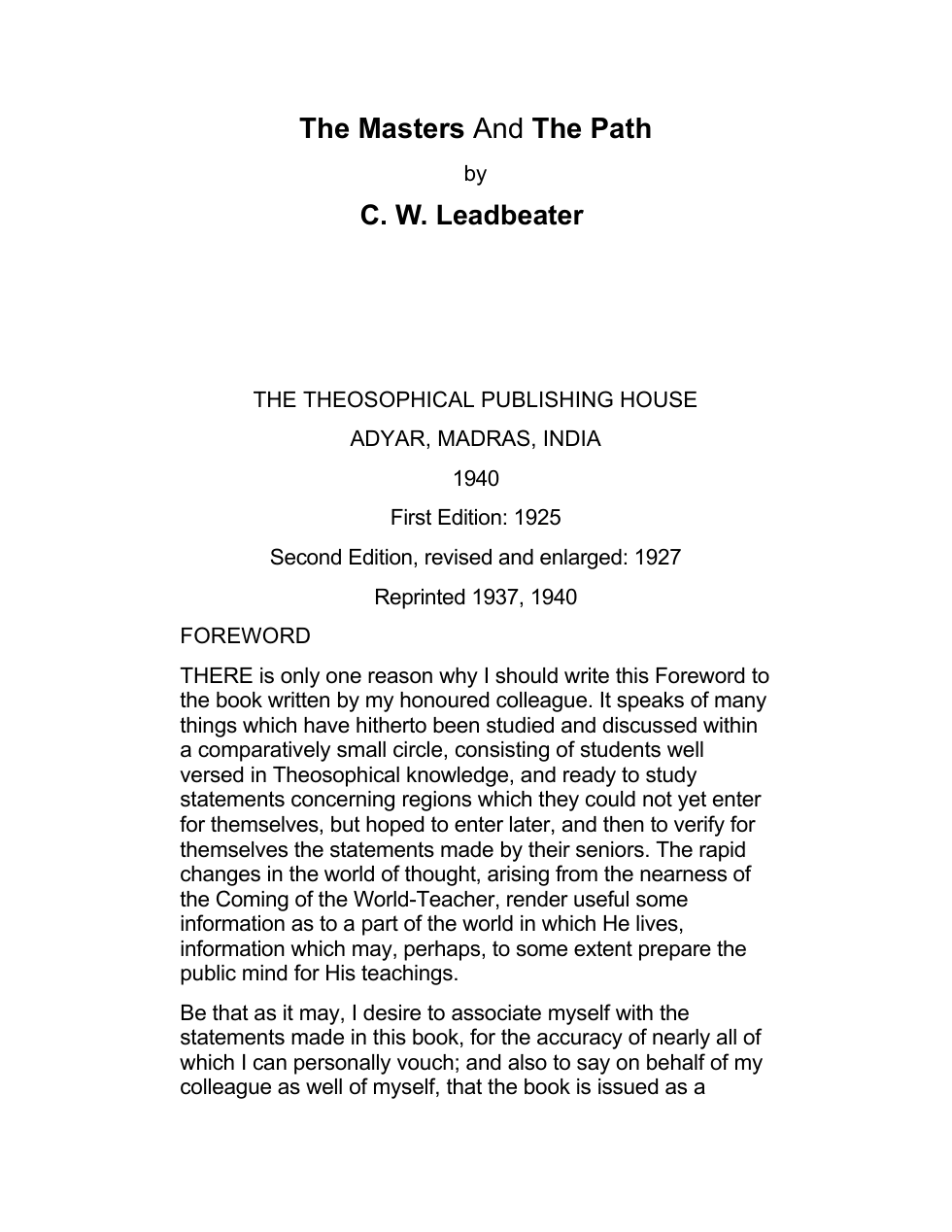 C W Leadbeater - The Masters & The Path cover