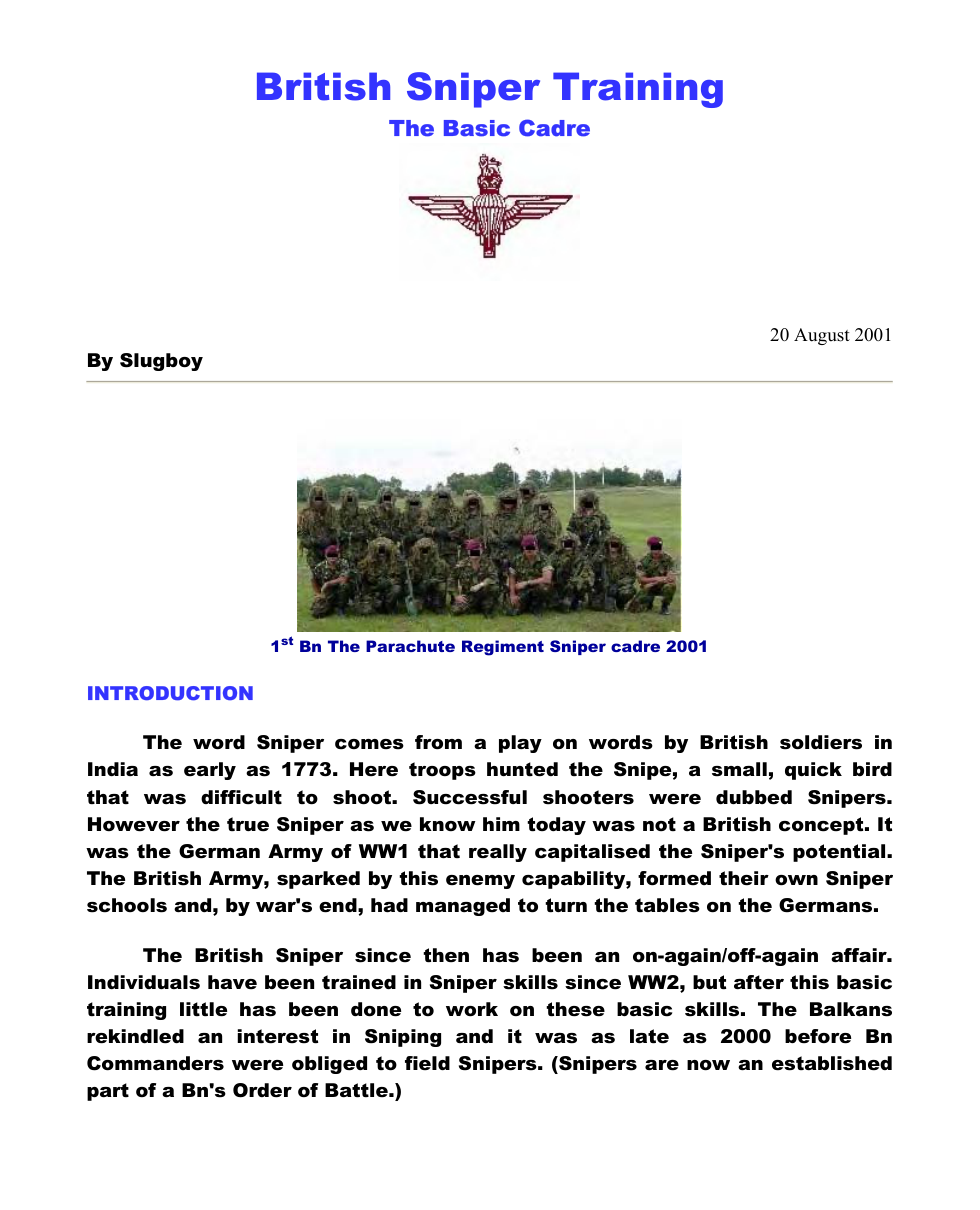Sniper - British Sniper Training 2001 11 pages cover