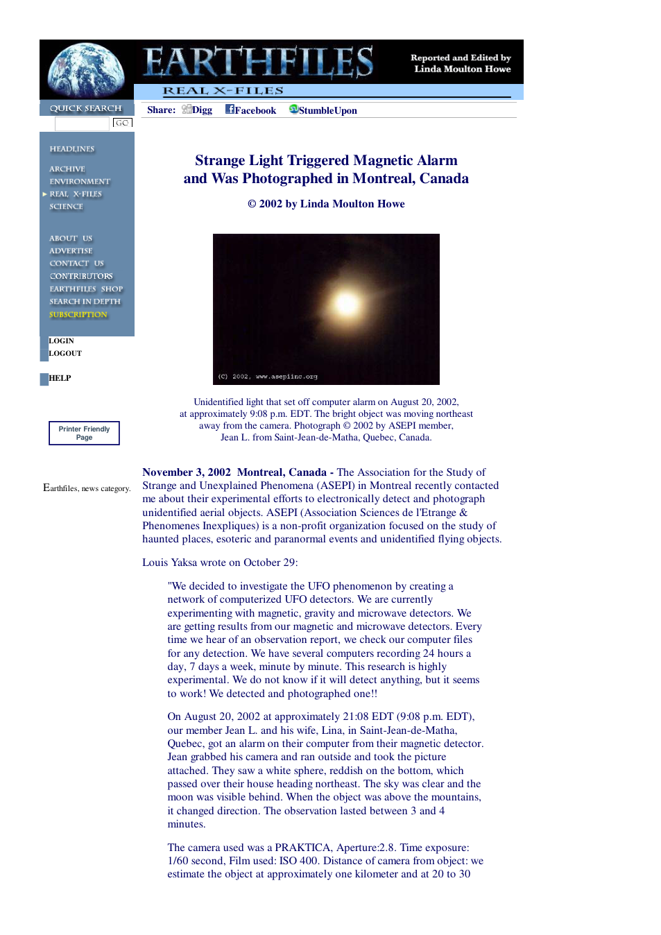 11 03 2002 Strange Light Triggered Magnetic Alarm and Was Photographed in Montreal, Canada cover