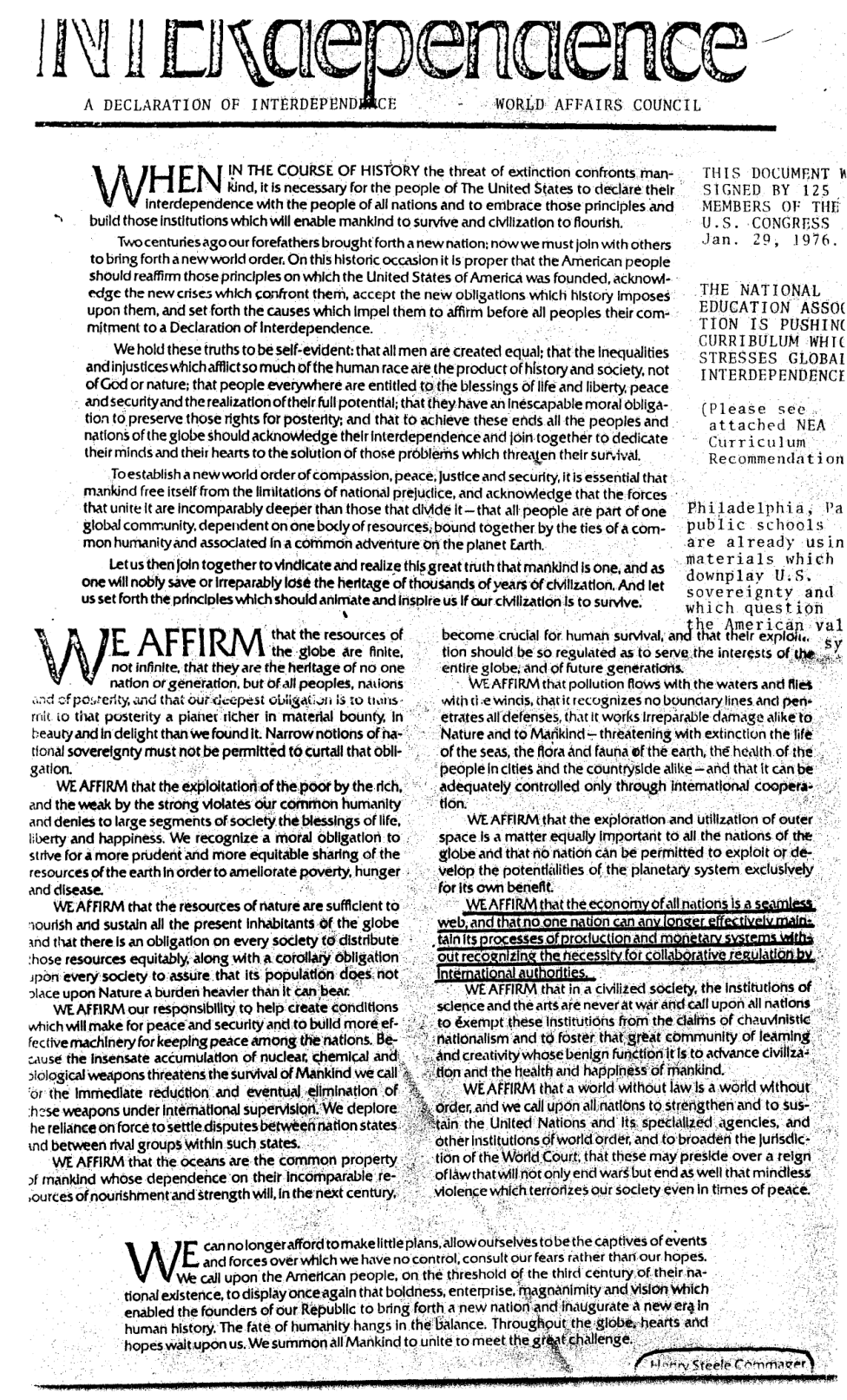 Steele - World Affairs Council - Declaration of Interdependence (1976) cover