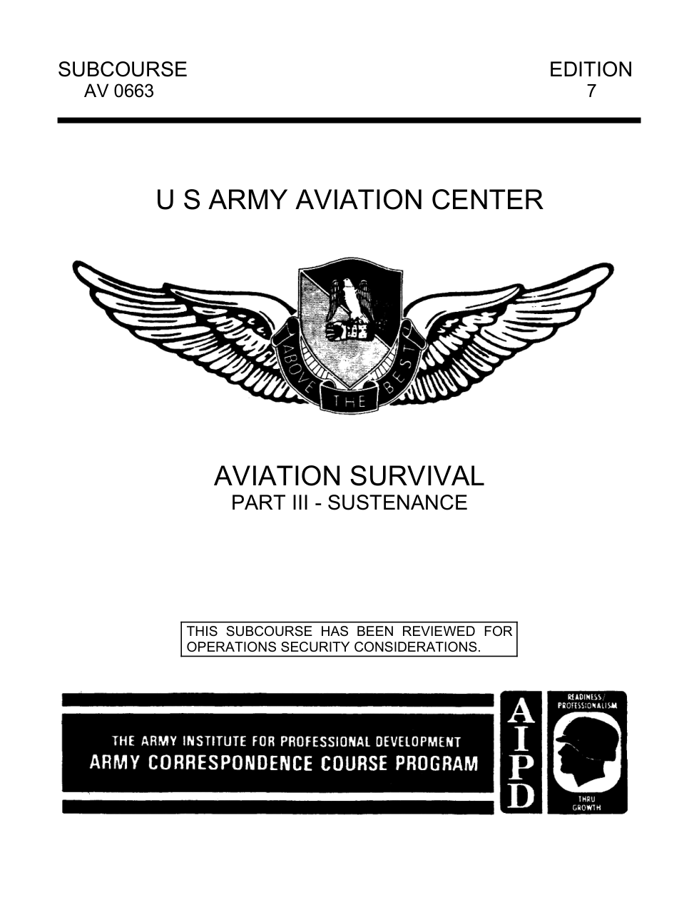 ARMY Avia. Survival III Sustenance 1986 108 pages cover