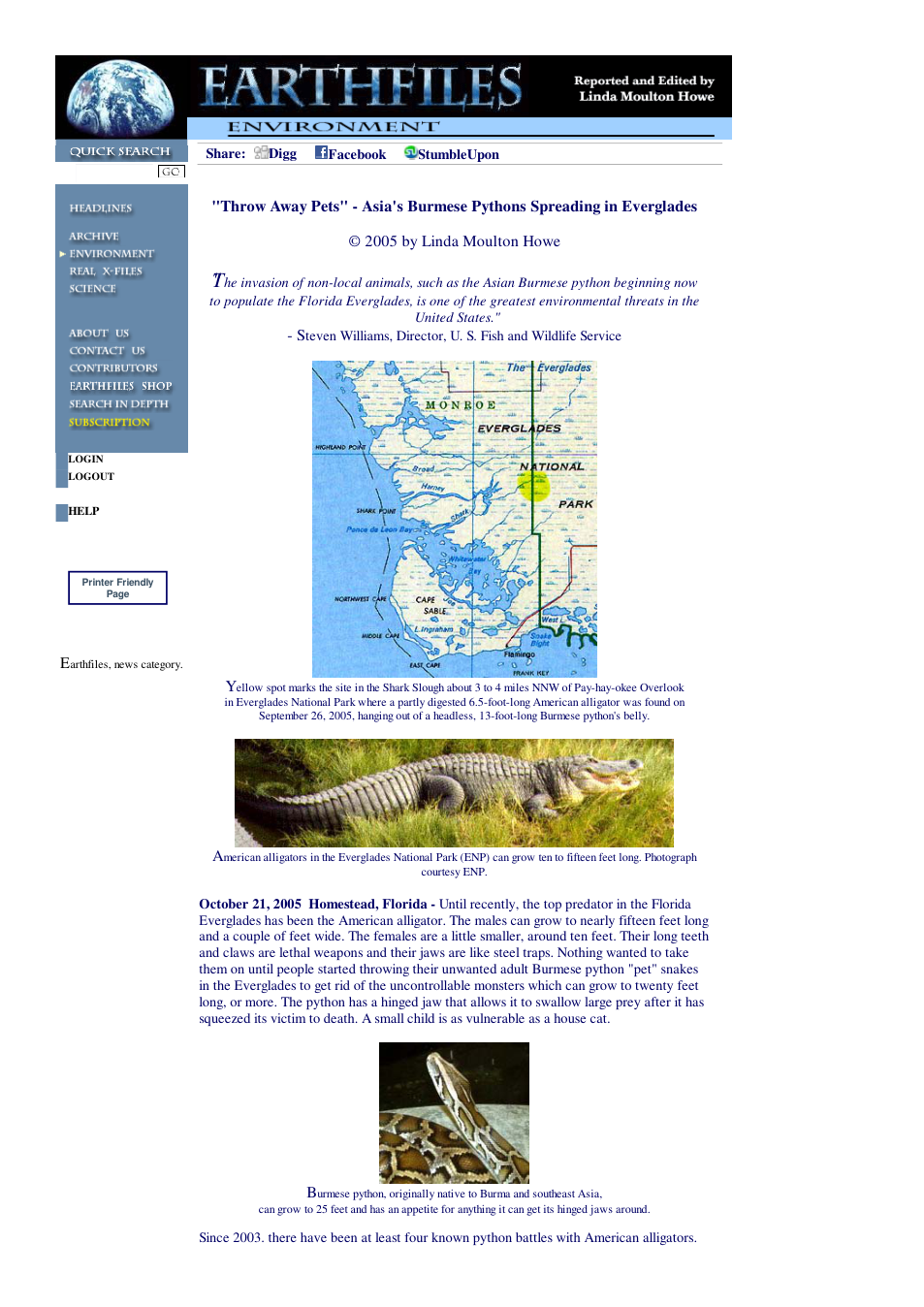 10 21 2005 Throw Away Pets - Asia's Burmese Pythons Spreading in Everglades cover