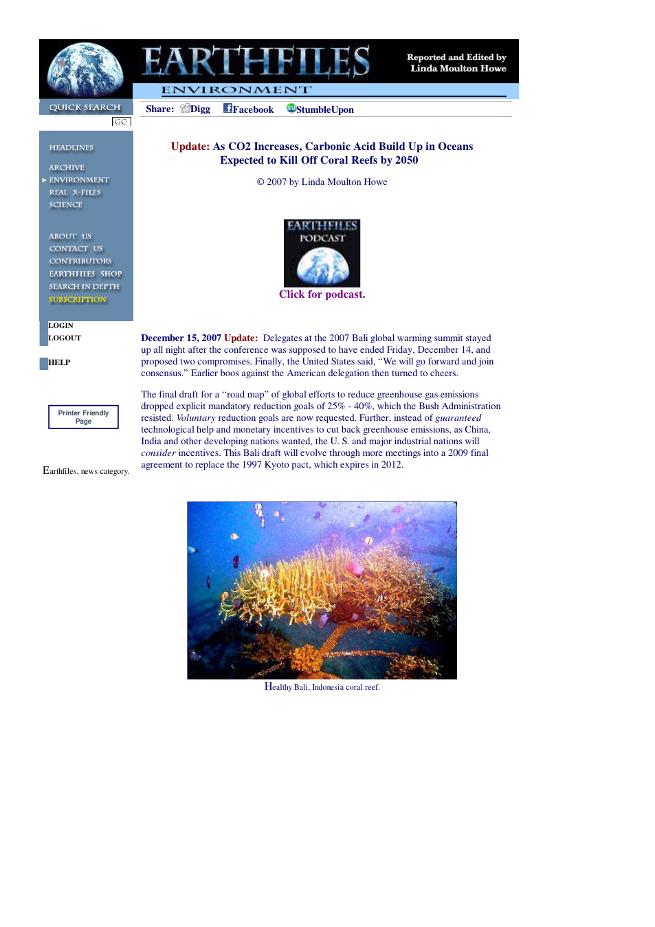 12 13 2007 Update As CO2 Increases, Carbonic Acid Build Up in Oceans Expected to Kill Off Coral Reefs by 2050 cover