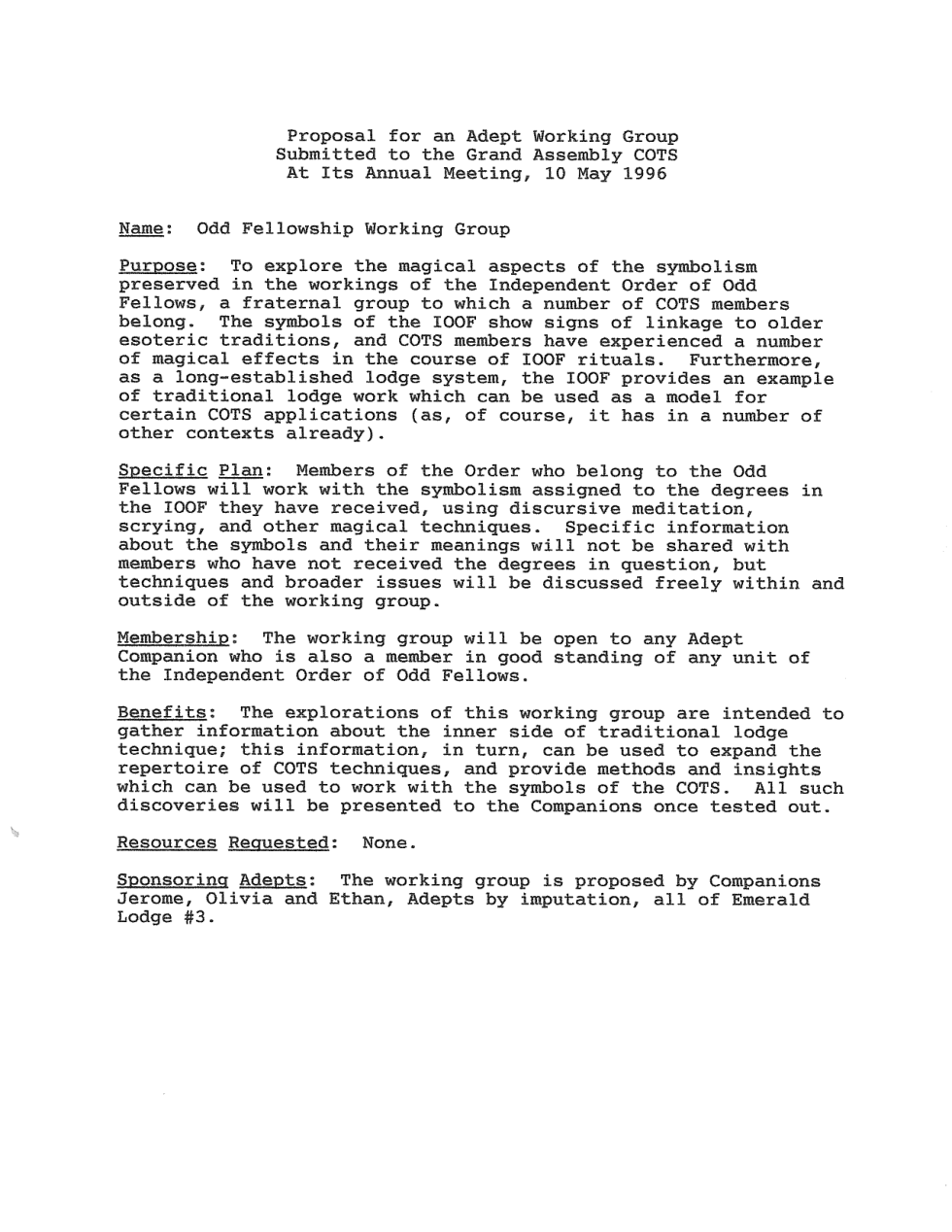 Odd Fellows Working Group Proposal - 1996 cover