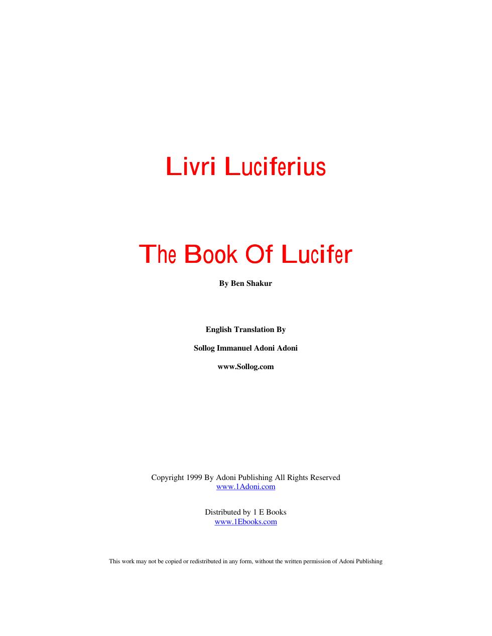 Livri Luciferius - The Book Of Lucifer cover