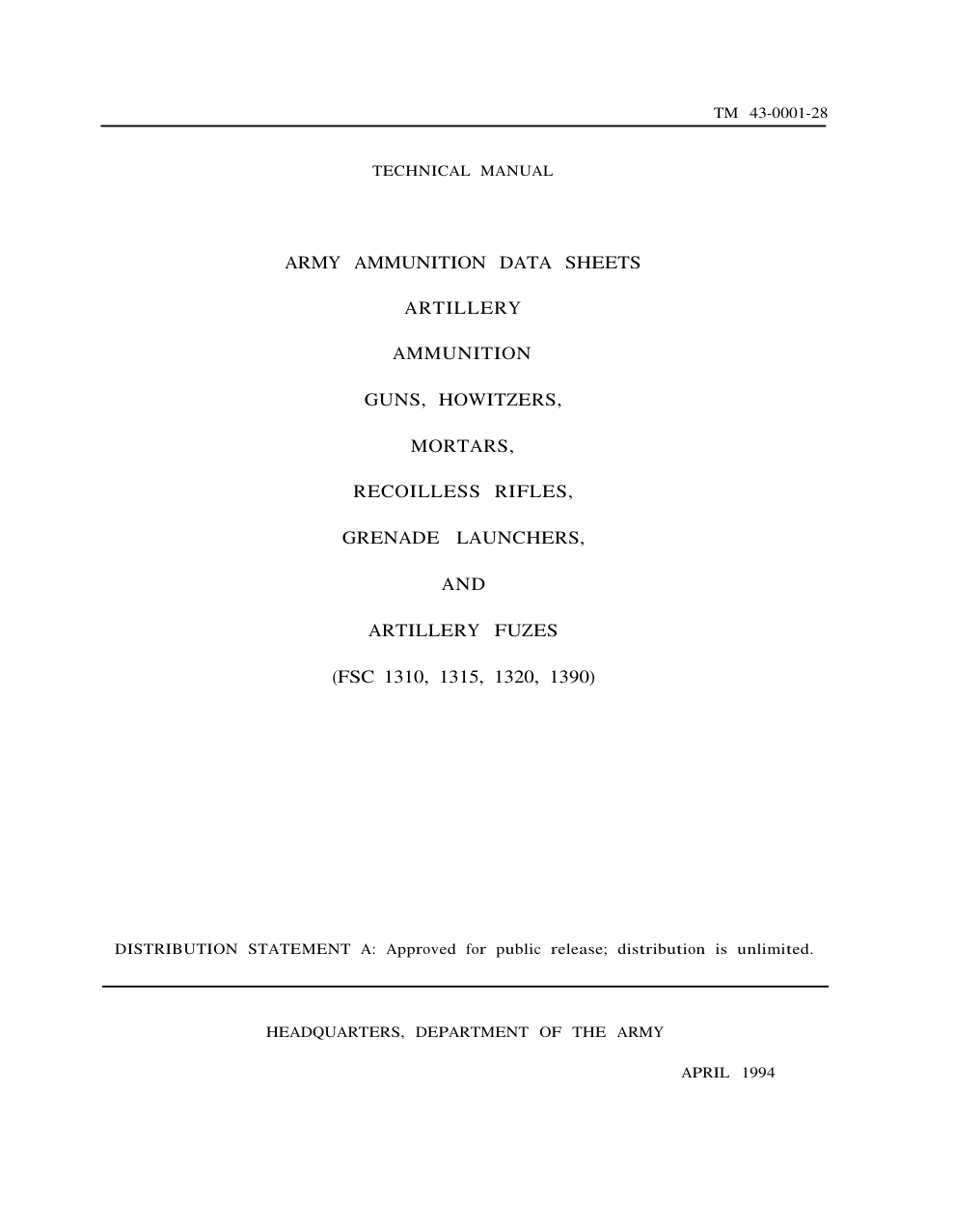 TM 43-0001-28 Army Ammunition Data Sheets cover
