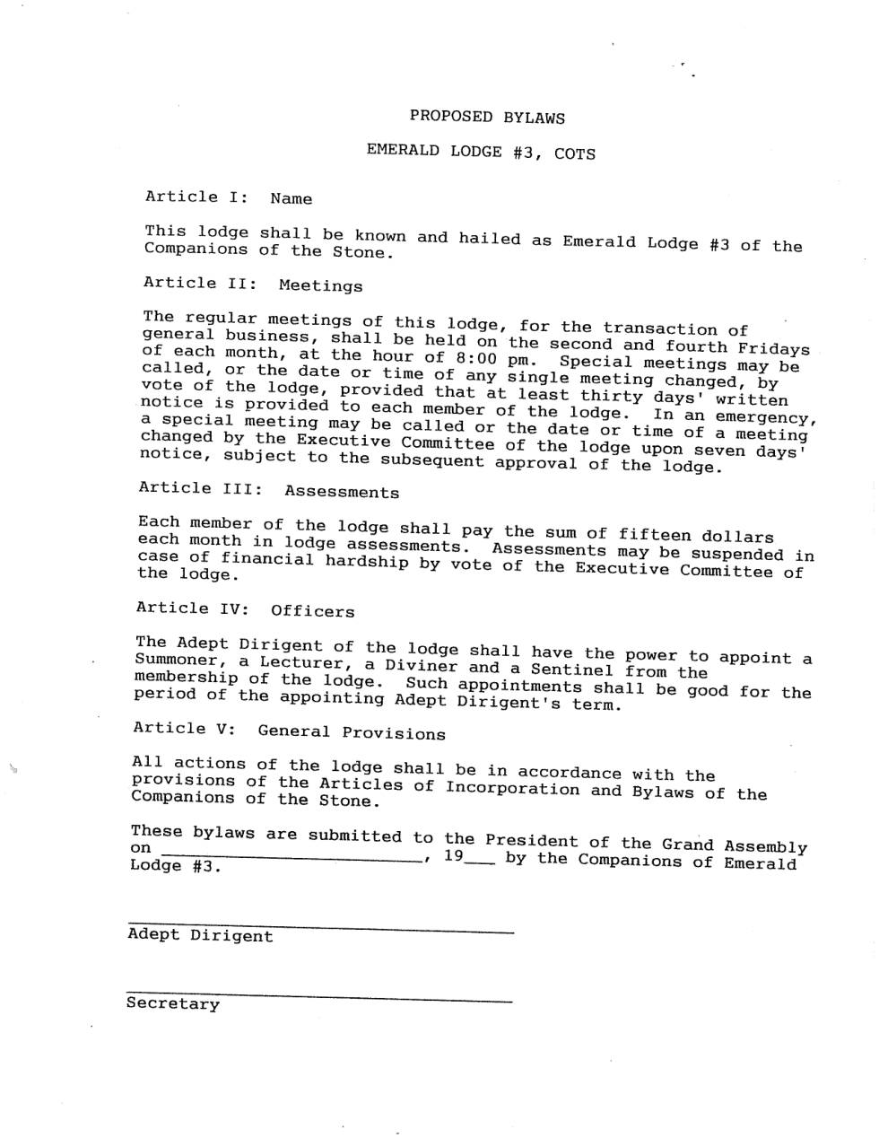 Original Emerald Lodge By-Laws 1994 cover