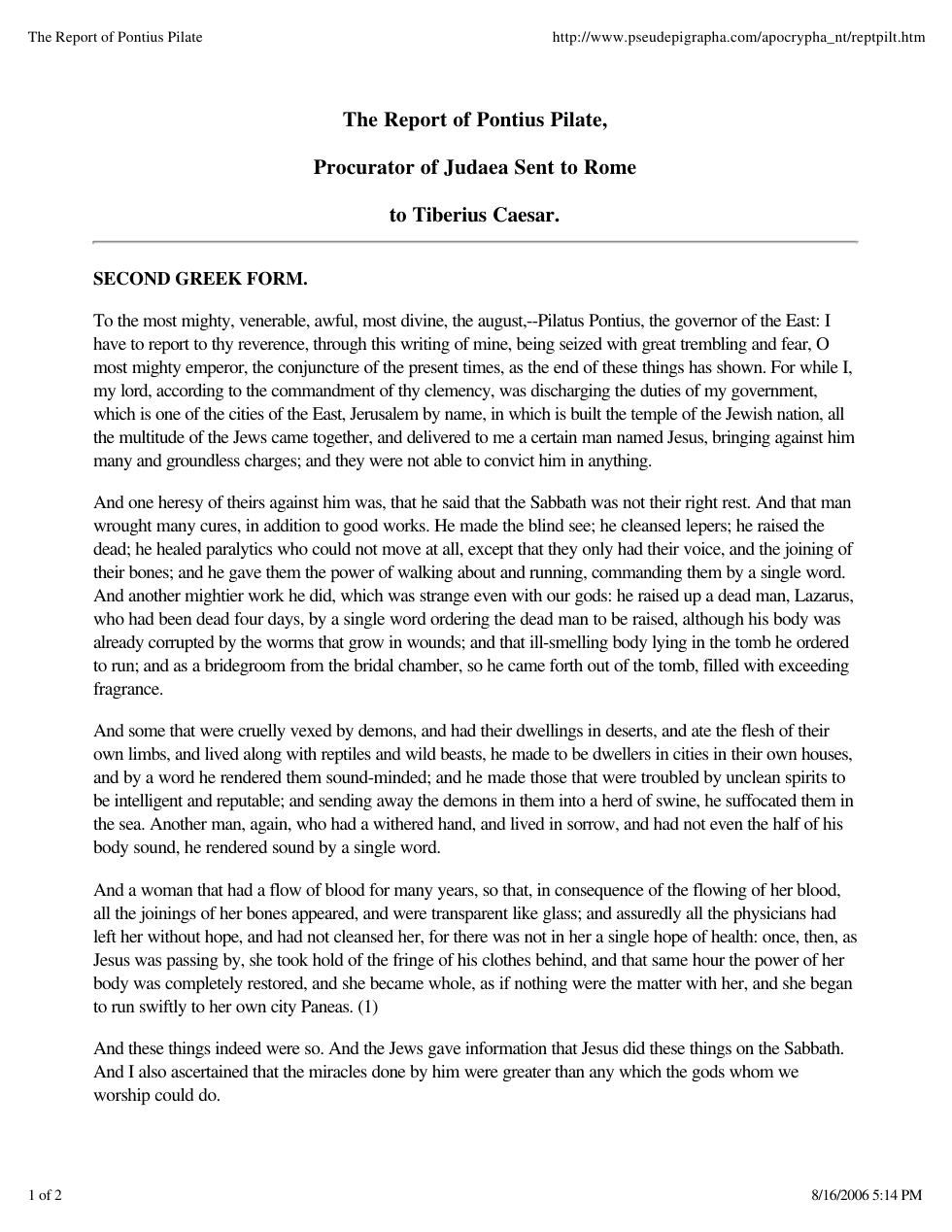 Report of Pontius Pilate cover