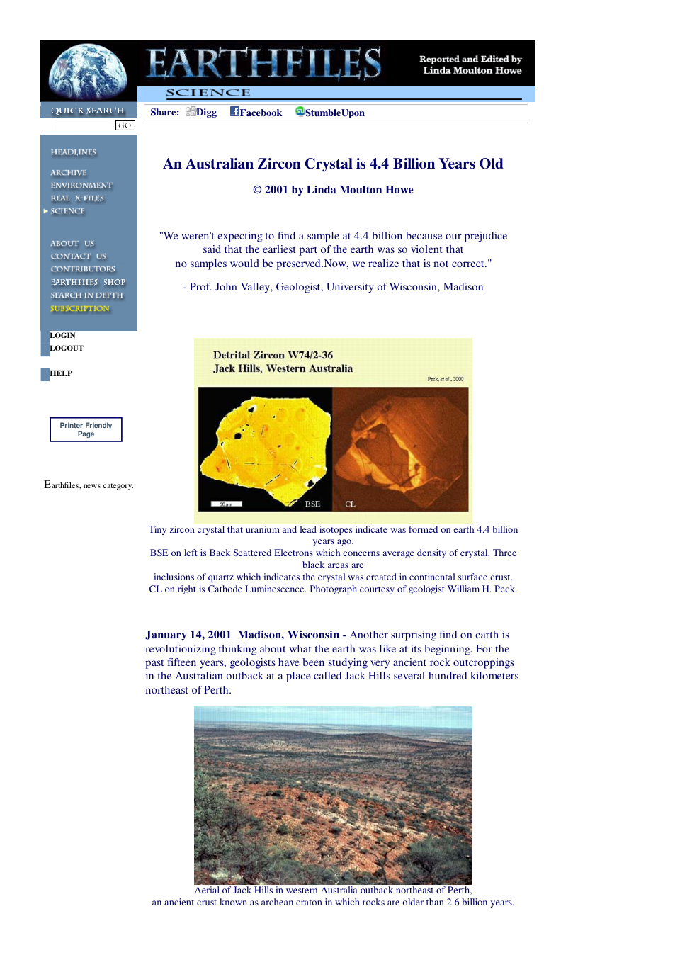 01 14 2001 An Australian Zircon Crystal is 4.4 Billion Years Old cover