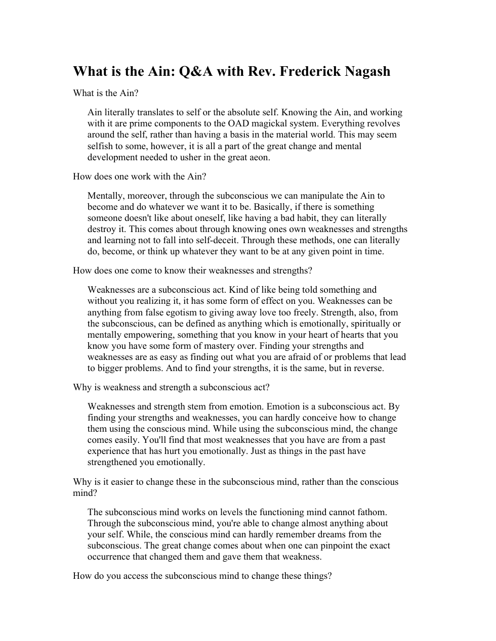 What is the Ain Q&A with Rev. Frederick Nagash cover