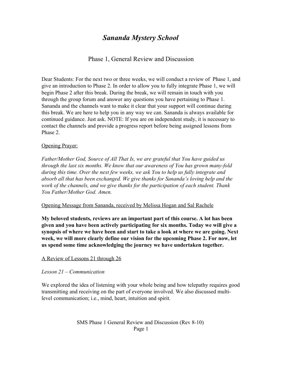 SMS Phase 1 Review and Discussion cover