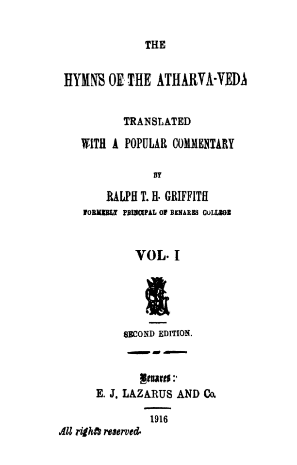 Hymns Of The Atharva-Veda Vol I - R Griffith cover