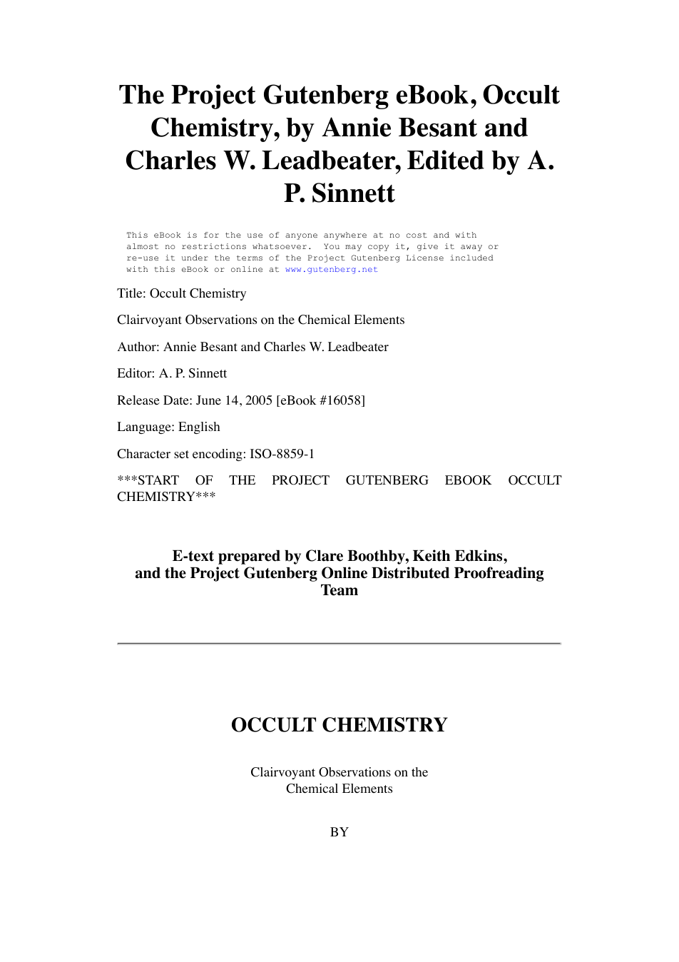 Occult Chemistry by Annie Besant & C W Leadbeater cover