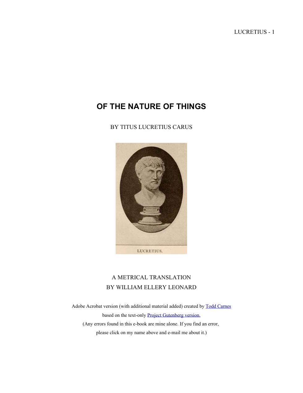Lucretius - De Rerum Natura (Of the Nature of Things) cover
