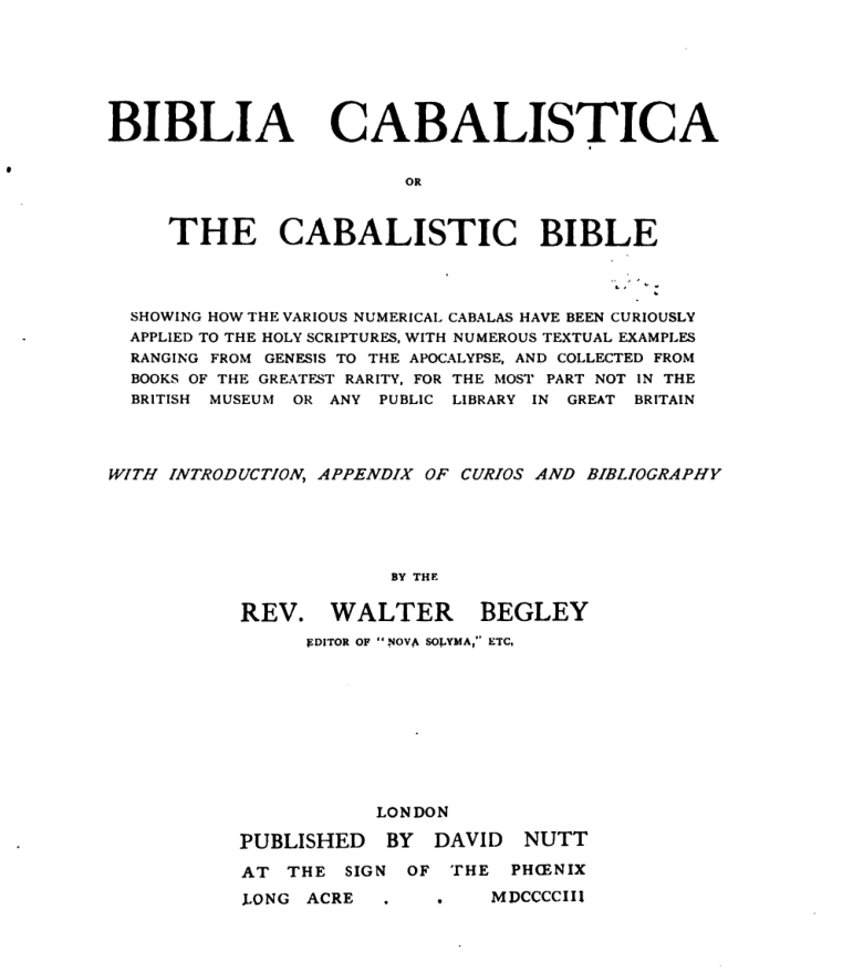 Biblia Cabalistica - W Begley cover