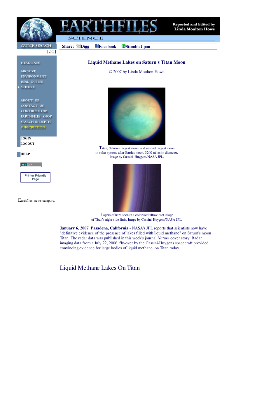 01 06 2007 Liquid Methane Lakes on Saturn's Titan Moon cover
