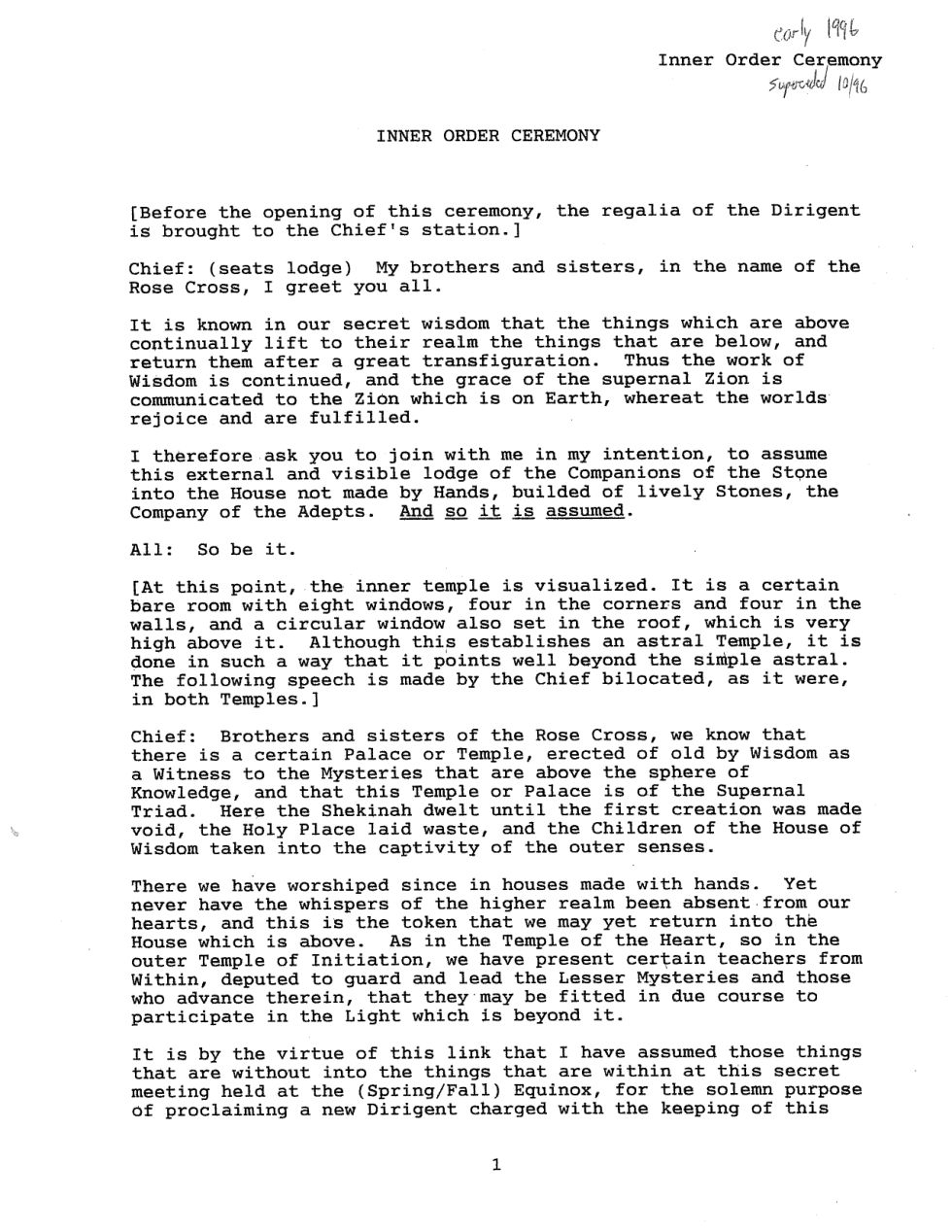 1996 Equinox Inner Order Ceremony cover