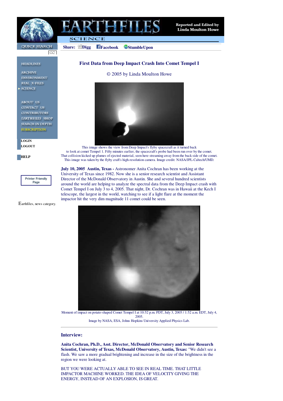 07 10 2005 First Data from Deep Impact Crash Into Comet Tempel I cover