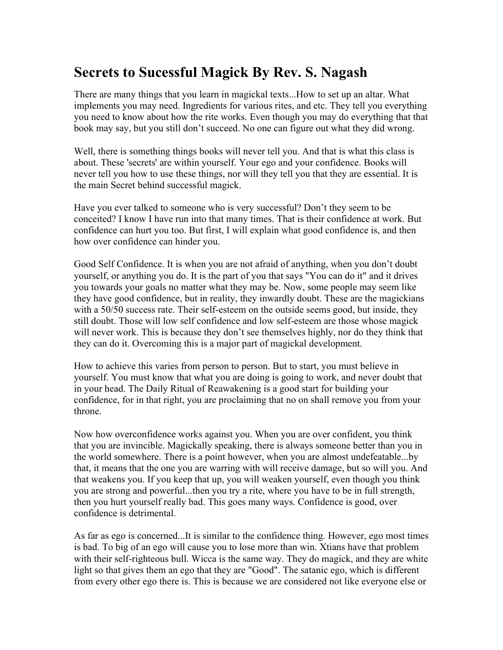 Secrets to Sucessful Magick By Rev. S. Nagash cover