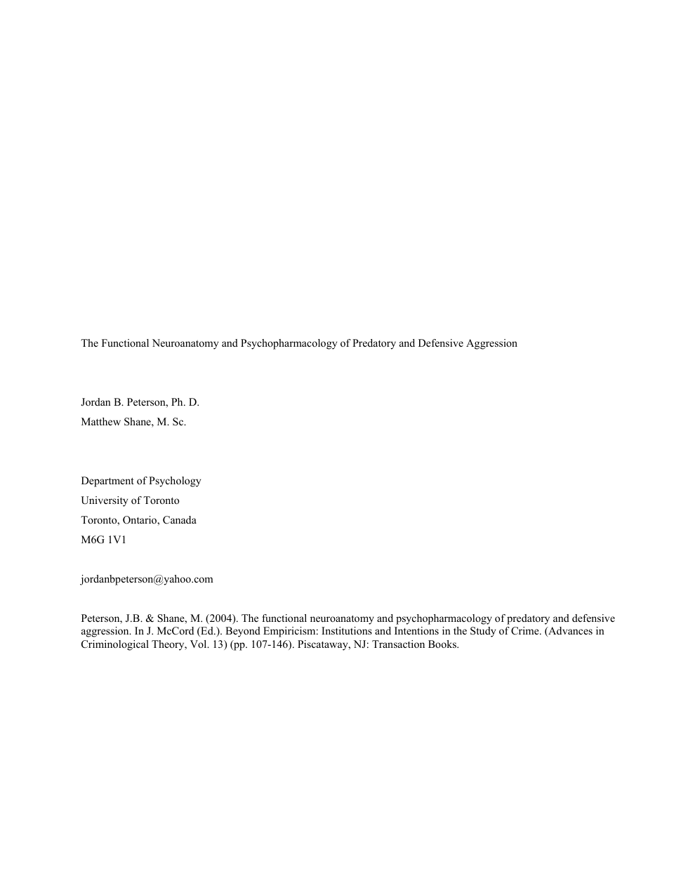 Jordan Peterson - The Functional Neuroanatomy and Psychopharmacology of Predatory and Defensive Aggression 2004 cover