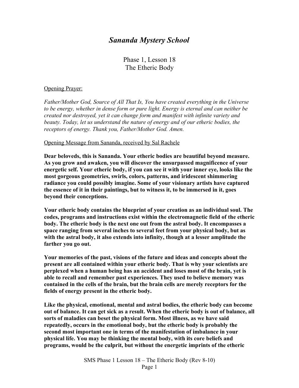 SMS Phase 1 Lesson 18 - The Etheric Body cover