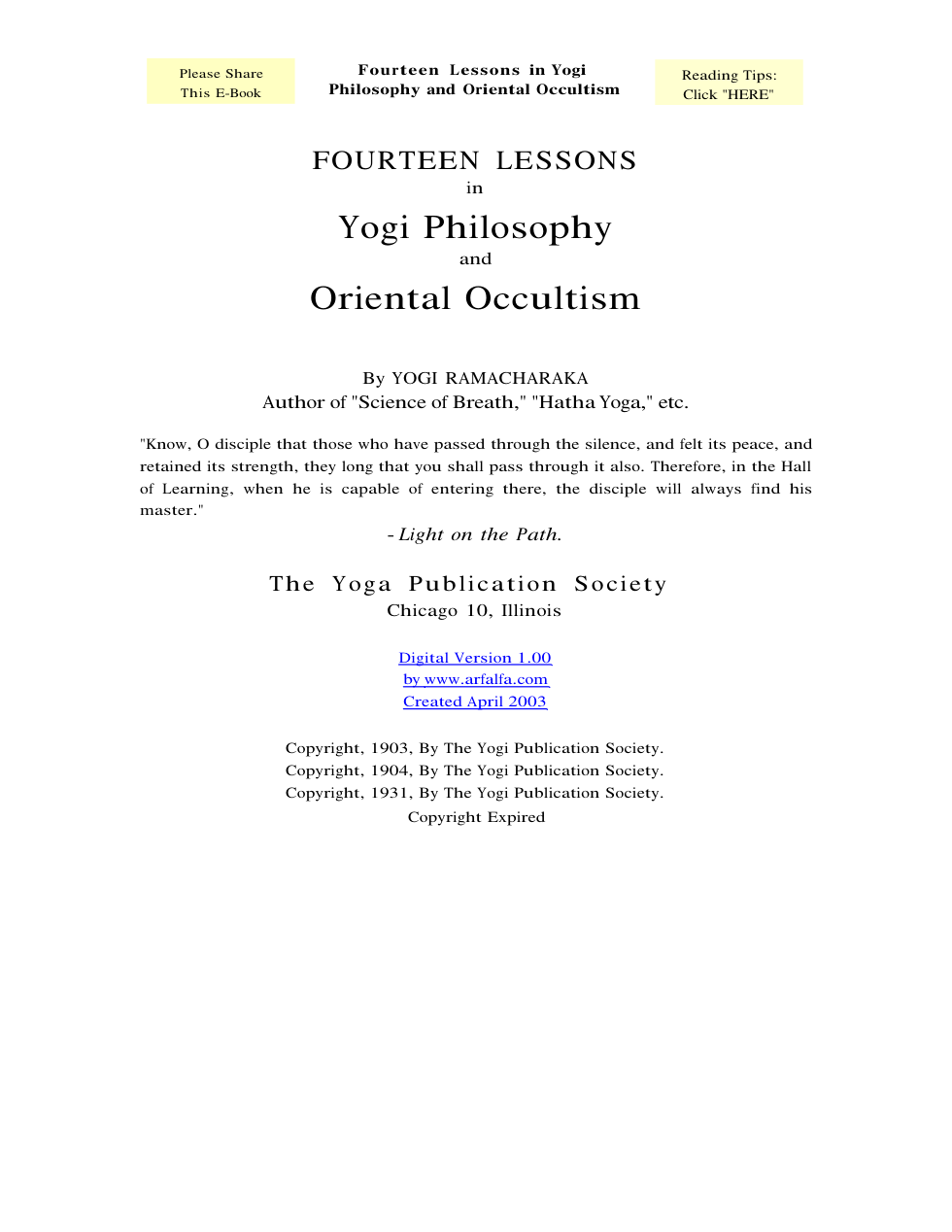 Yogi Ramacharaka - Fourteen Lessons in Yoga Philosophy and Oriental Occultism cover
