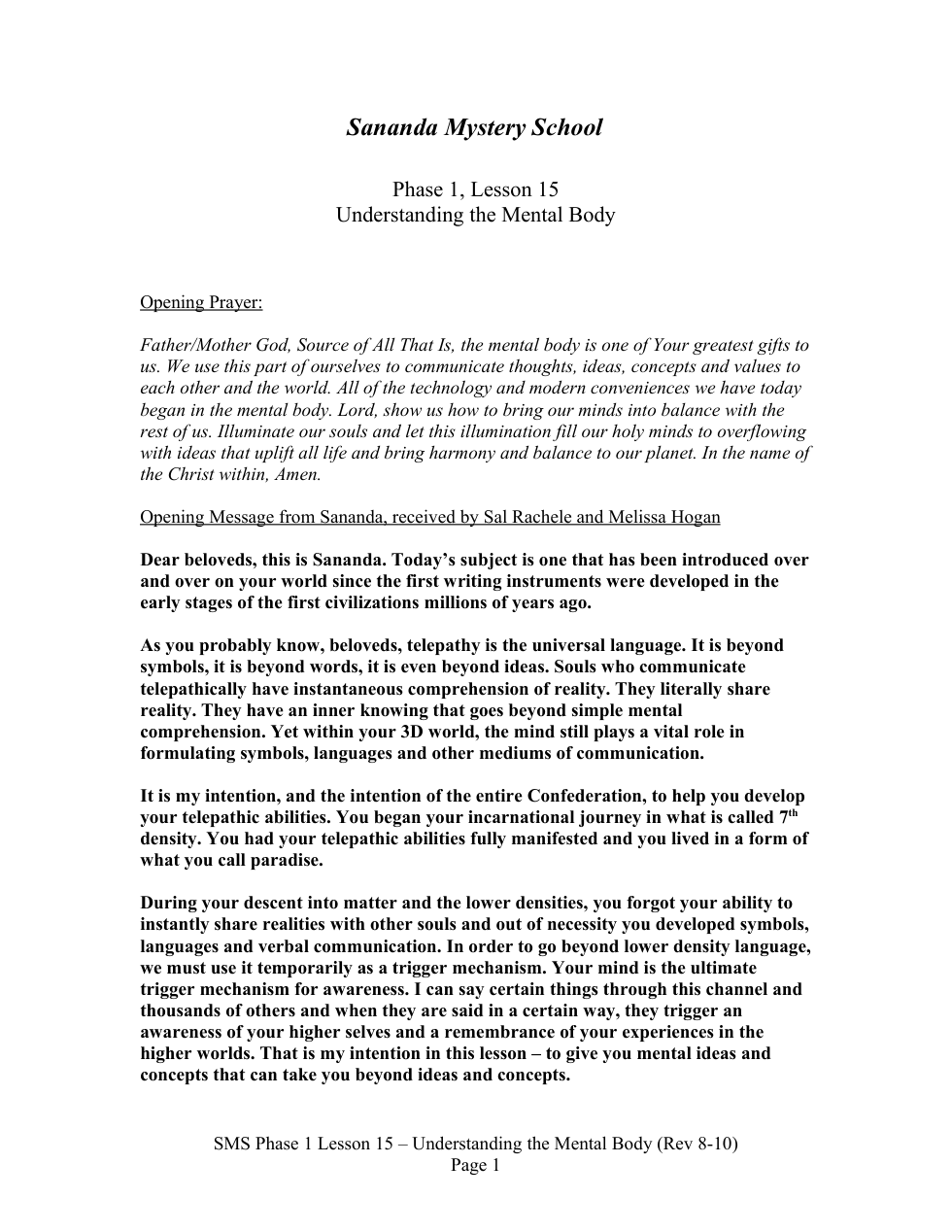 SMS Phase 1 Lesson 15 - Understanding the Mental Body cover