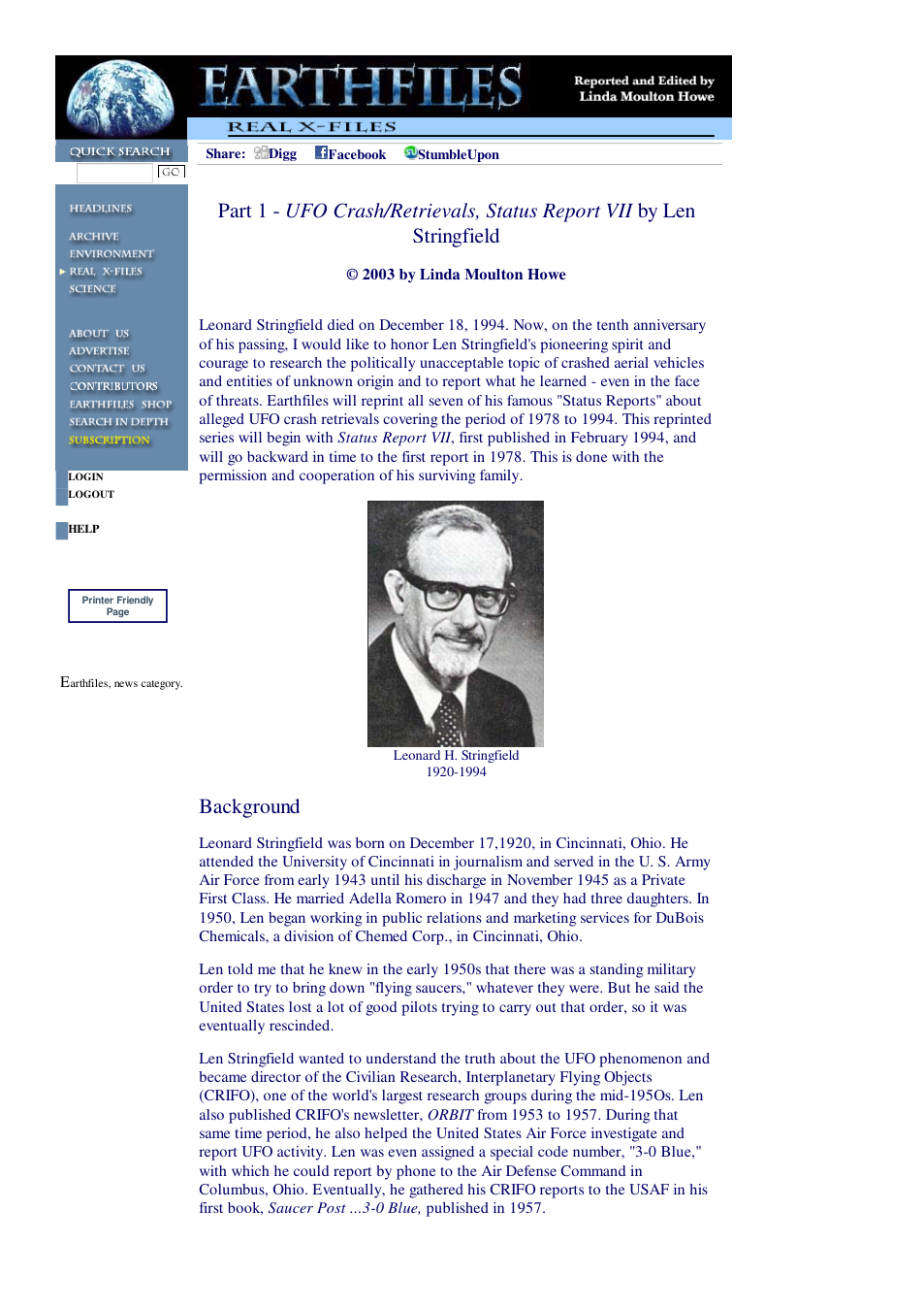 12 15 2003 Part 1 - UFO Crash Retrievals, Status Report VII by Len Stringfield cover