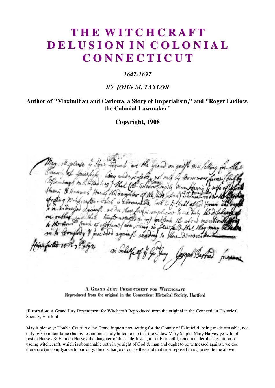The Witchcraft Delusion in Colonial Connecticut - J M Taylor cover
