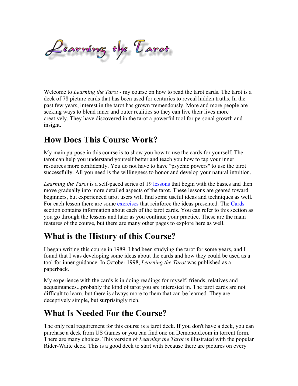Learning the Tarot (in 19 lessons) cover