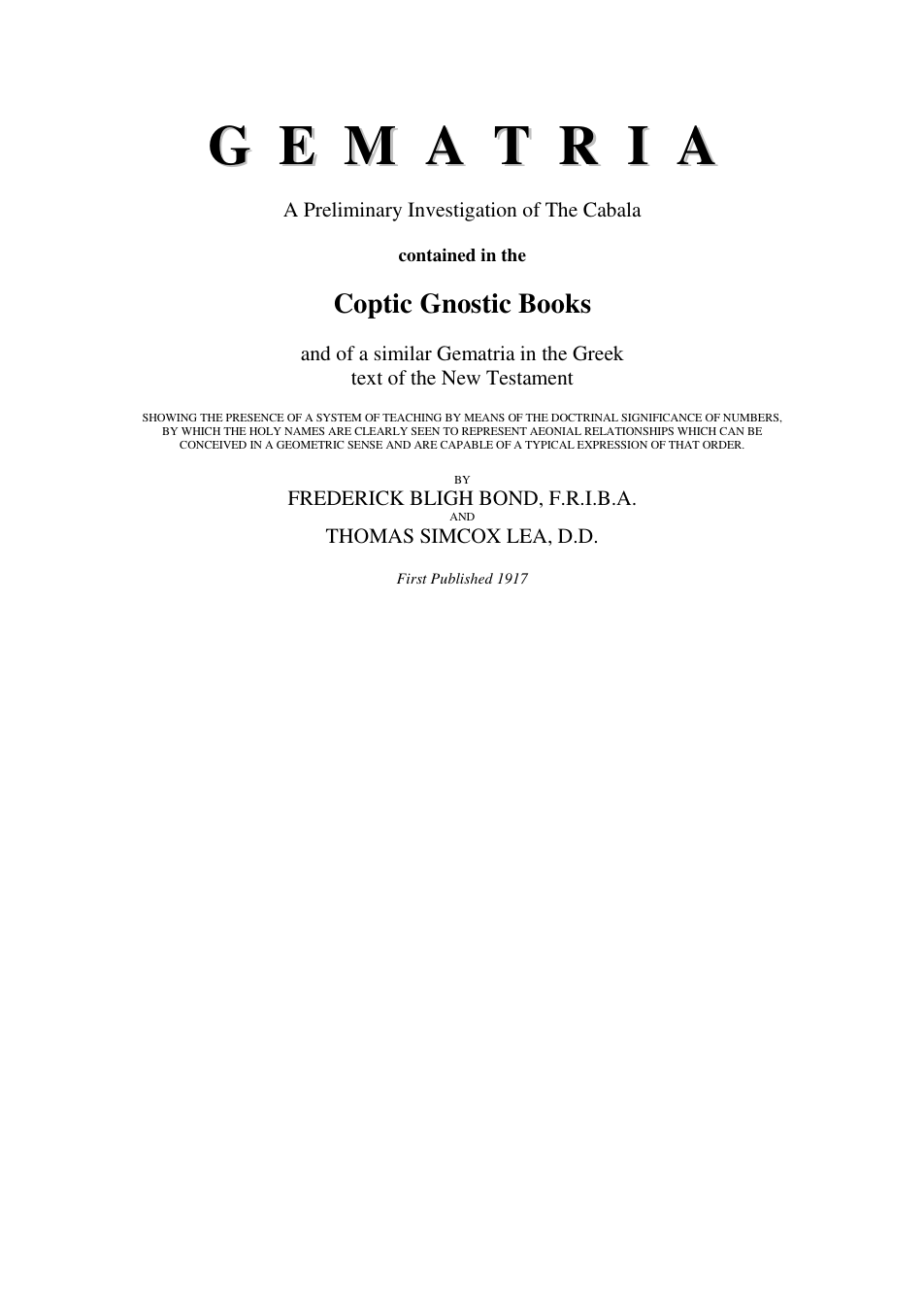 Gematria A Preliminary Investigation Of The Cabala - F Bond cover