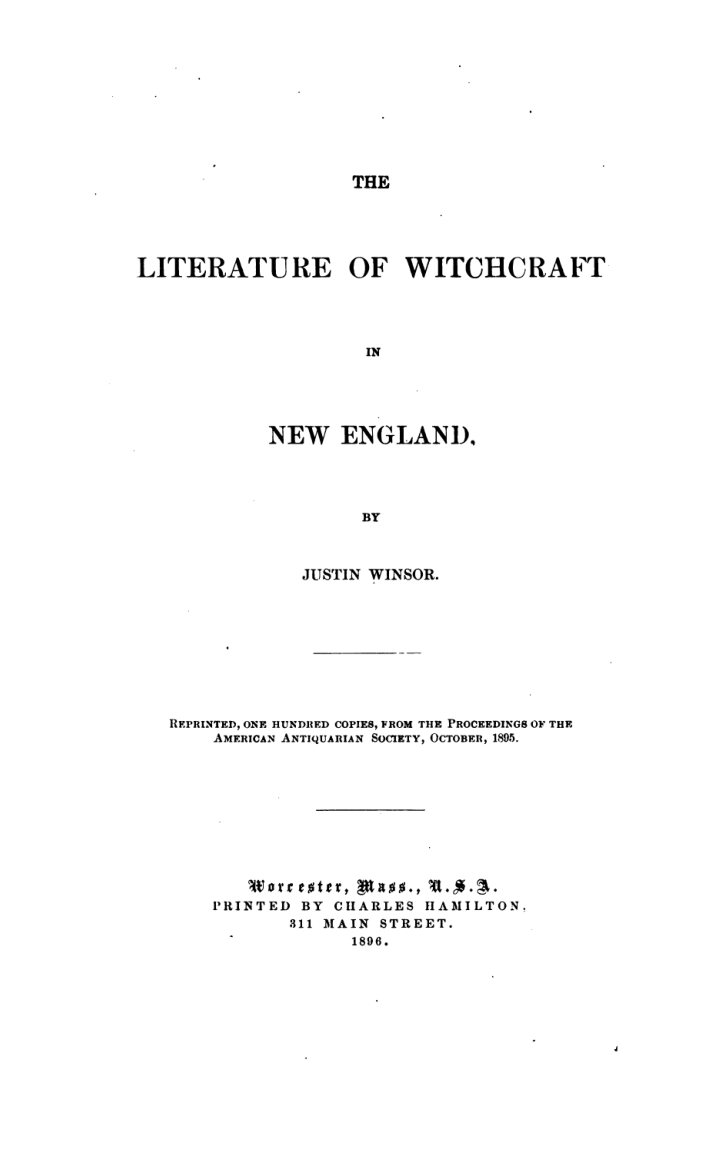 The Literature Of Witchcraft In New England - J Winsor cover