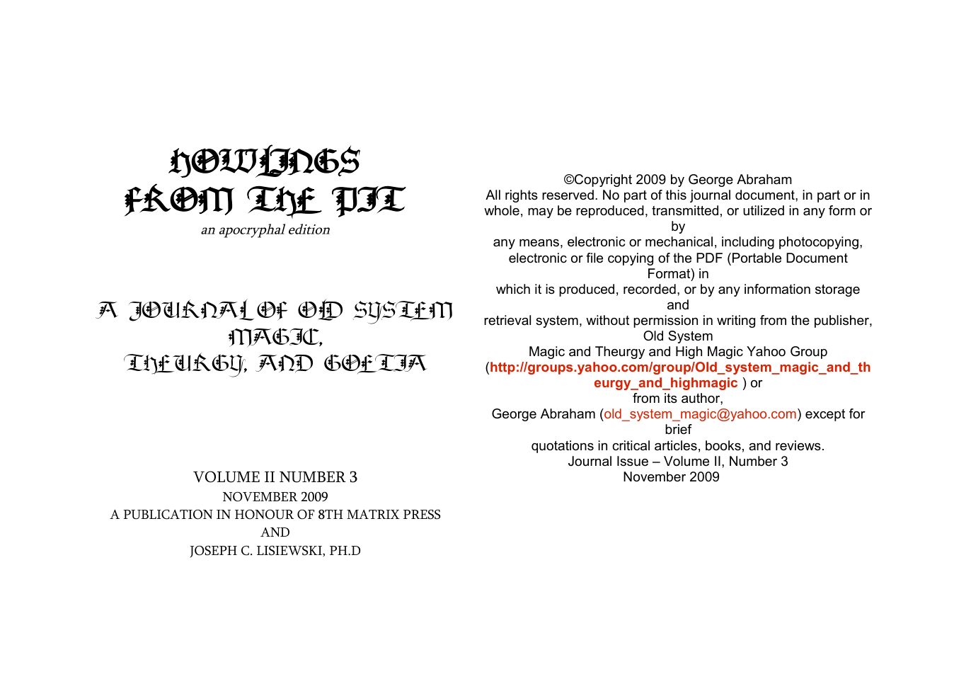 Howlings from the Pit, Volume II, Number 3 (November 2009) cover