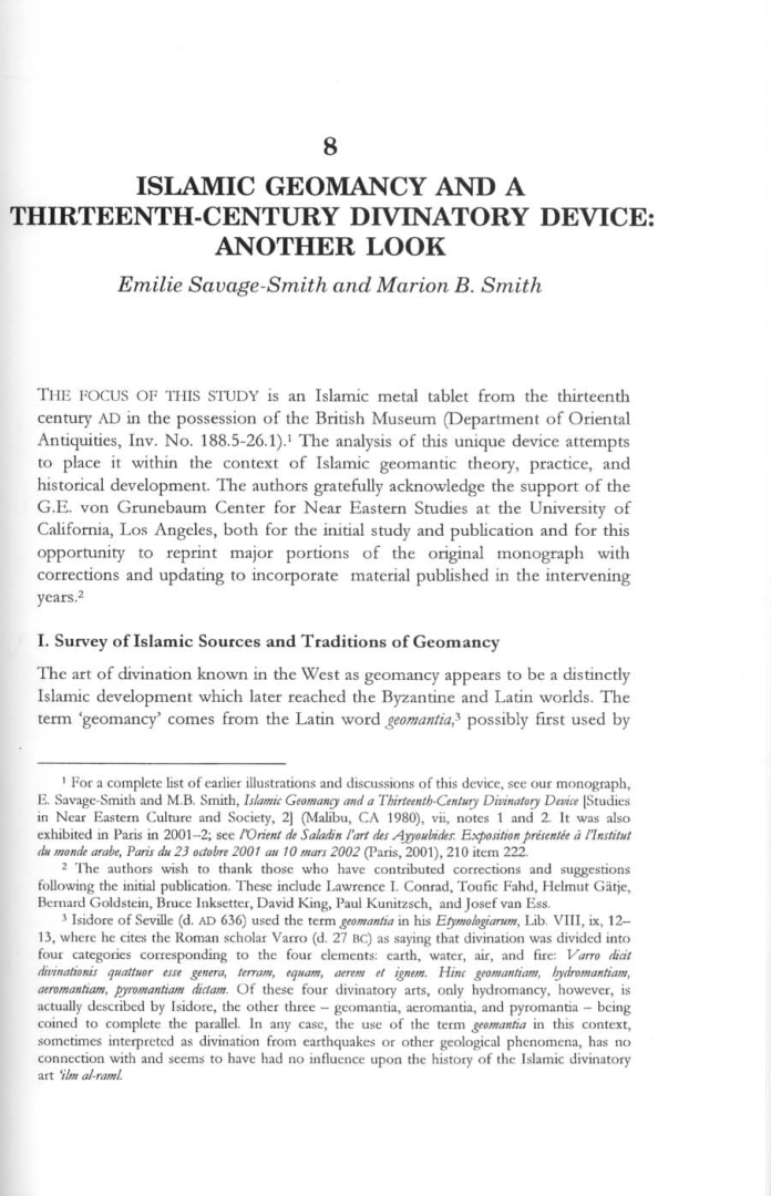 Emilie Savage-Smith and Marion Smith - Islamic Geomancy and a Thirteenth Century Divinatory Device - Another Look (2003) cover