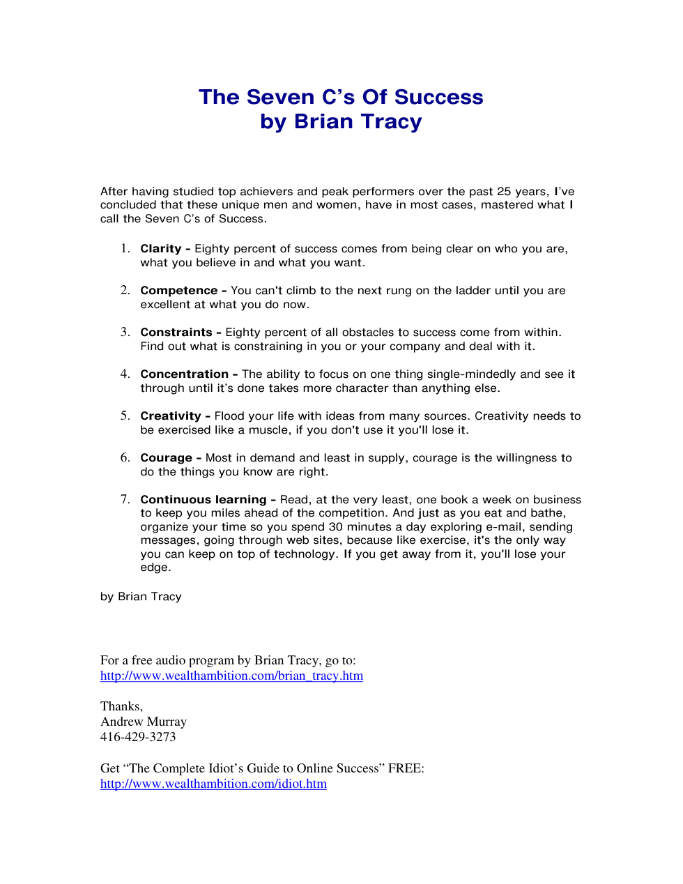 The Seven C’s Of Success by Brian Tracy cover