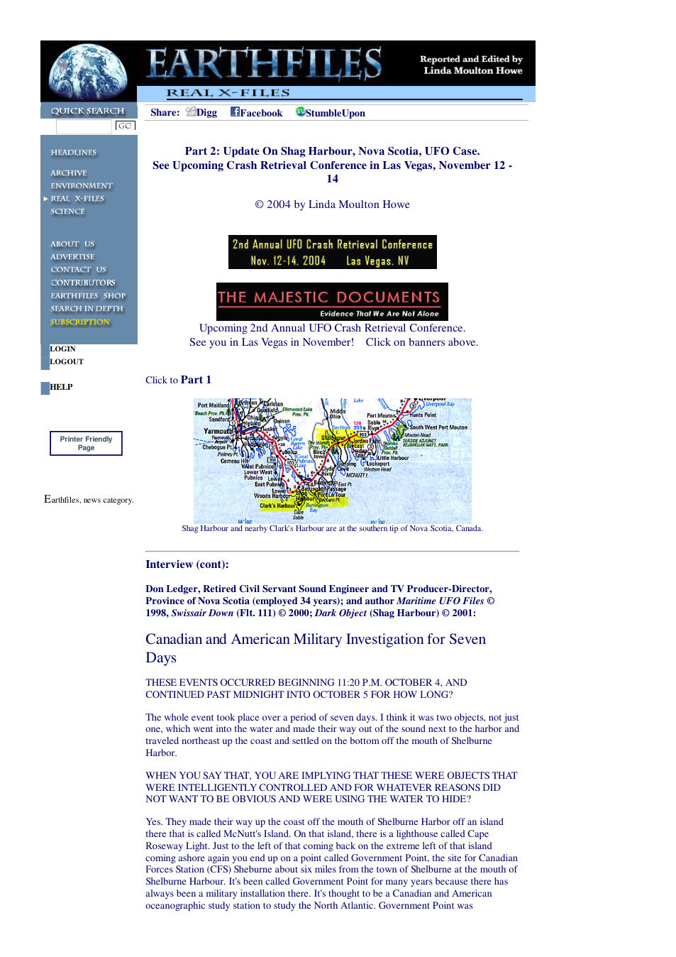 10 29 2004 Part 2 Update On Shag Harbour, Nova Scotia, UFO Case. See Upcoming Crash Retrieval Conference in Las Vegas, November 12 - 14 cover