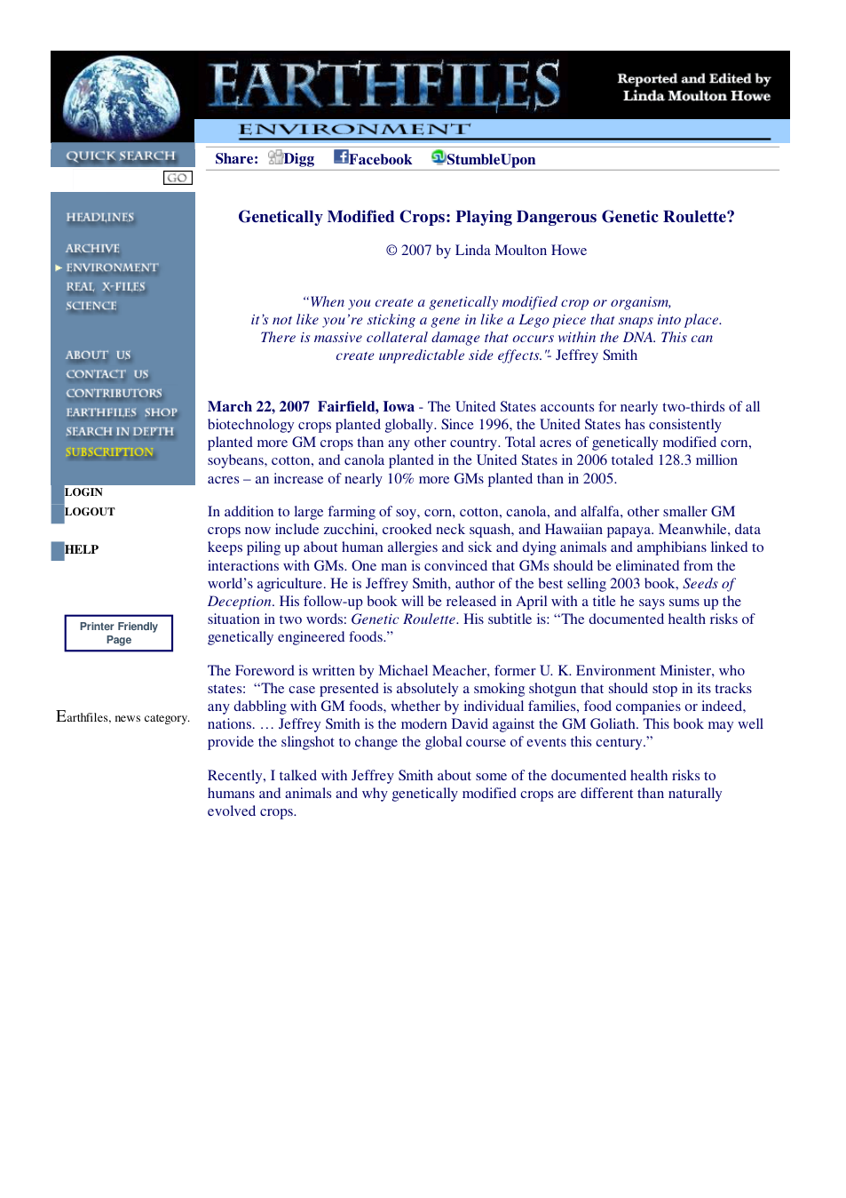 03 22 2007 Genetically Modified Crops Playing Dangerous Genetic Roulette cover