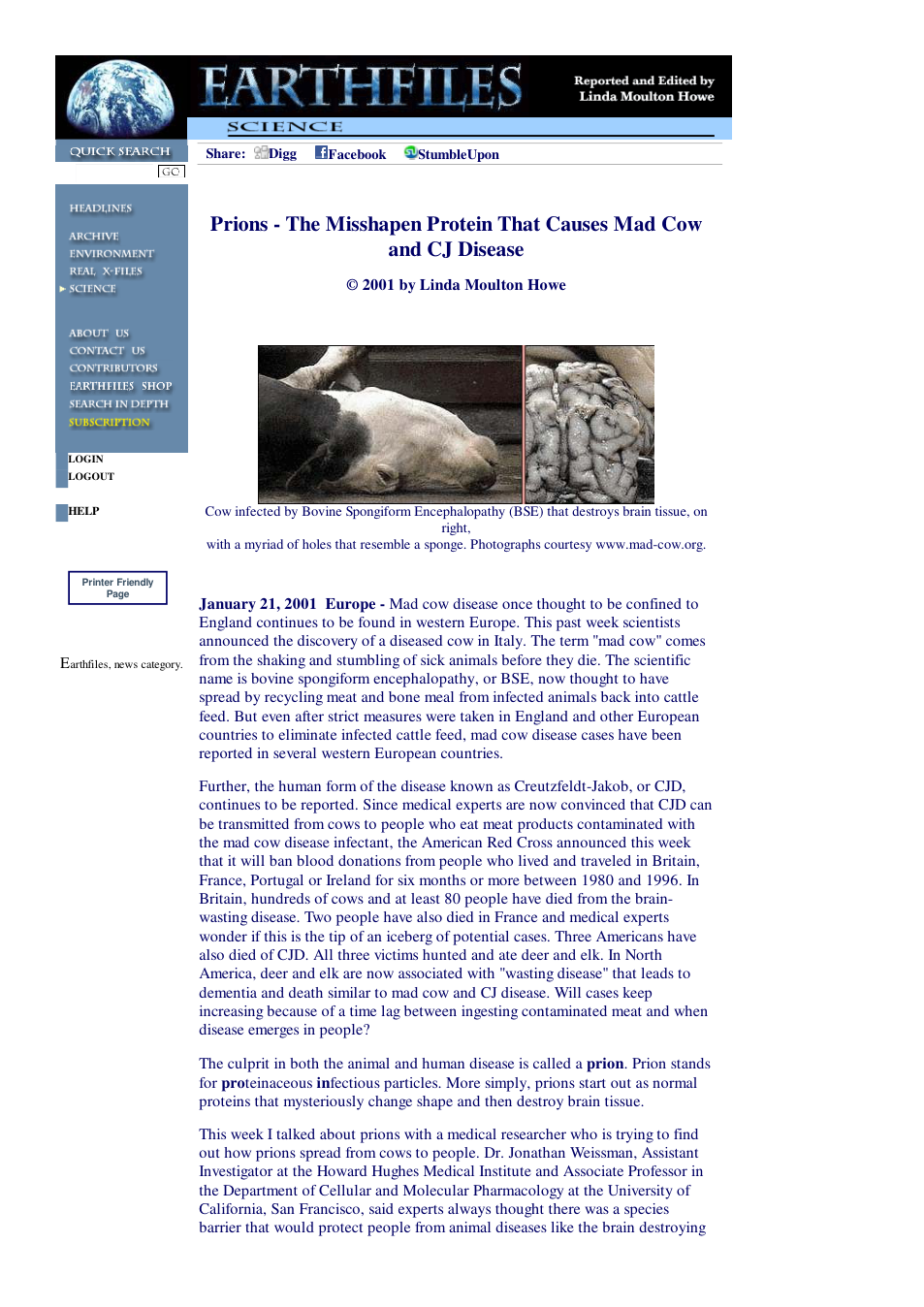 01 21 2001 Prions - The Misshapen Protein That Causes Mad Cow and CJ Disease cover
