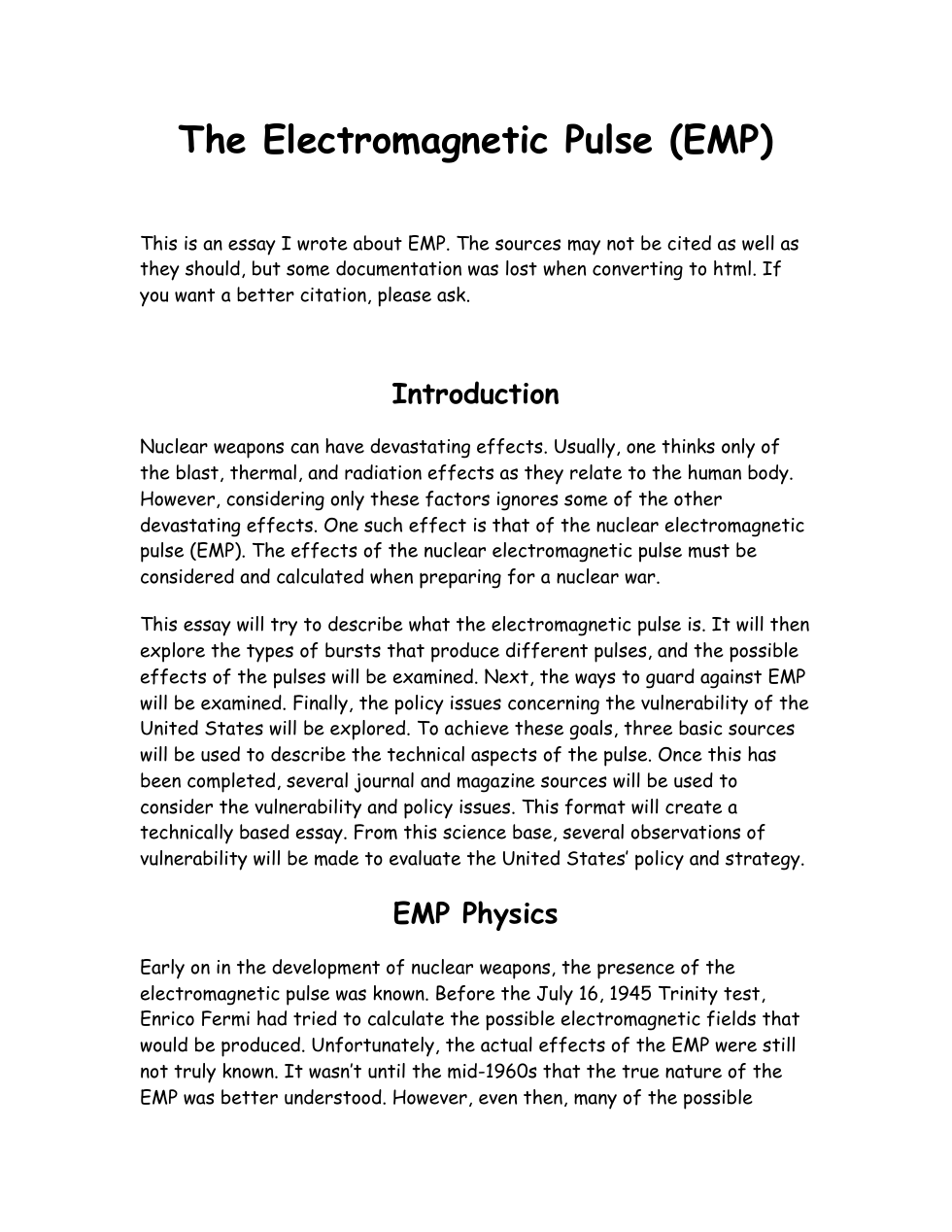 Electro Magnetic Pulse EMP 10 pages cover