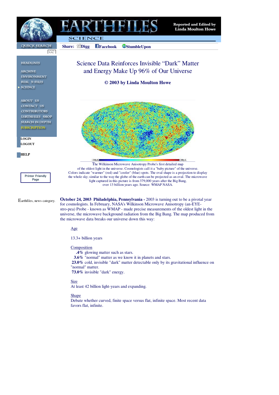 10 25 2003 Science Data Reinforces Invisible Dark Matter and Energy Make Up 96 Percent of Our Universe cover