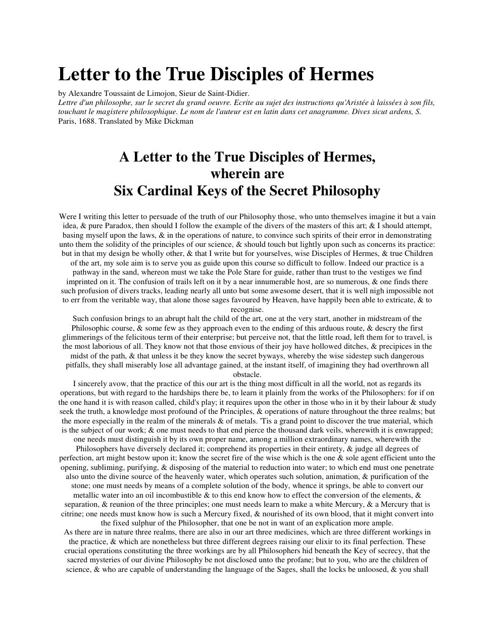 Letter to the True Disciples of Hermes cover