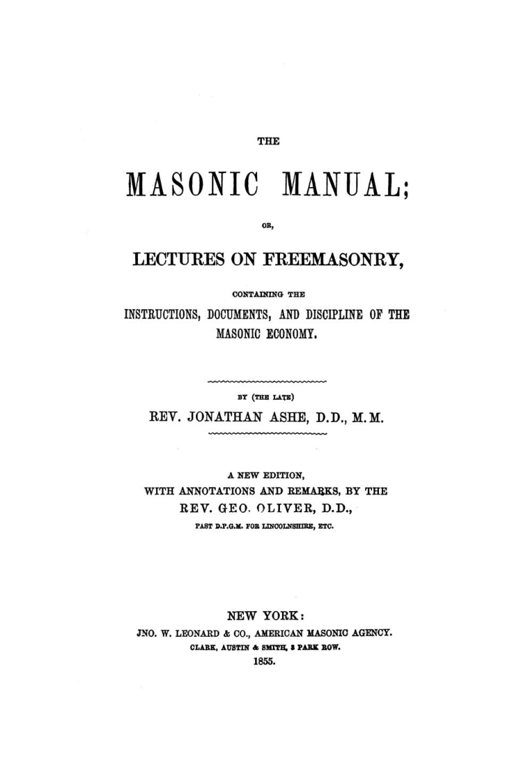 The Masonic Manual - or Lectures on Freemasonry - J. Ashe cover