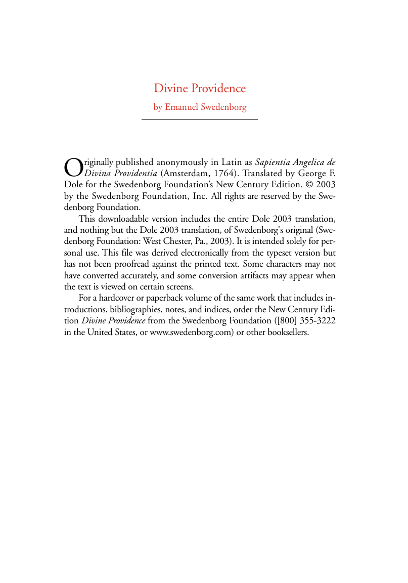 Swedenborg, Emanuel - Divine Providence cover