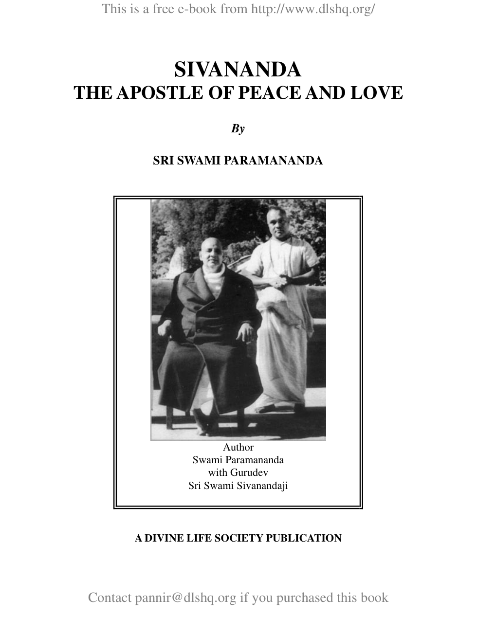 Sivananda Apostle of Peace and Love Sri Swami Paramananda cover