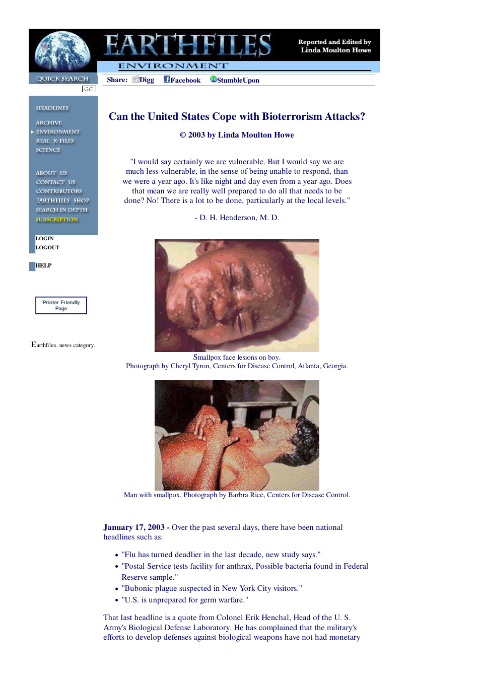 01 18 2003 Can the United States Cope with Bioterrorism Attacks cover