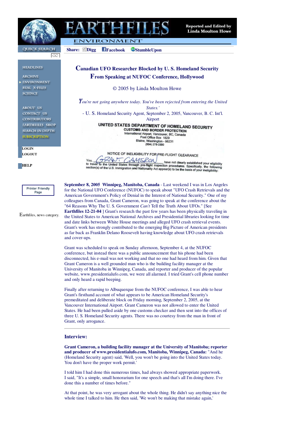 09 08 2005 Canadian UFO Researcher Blocked by U. S. Homeland Security From Speaking at NUFOC Conference, Hollywood cover