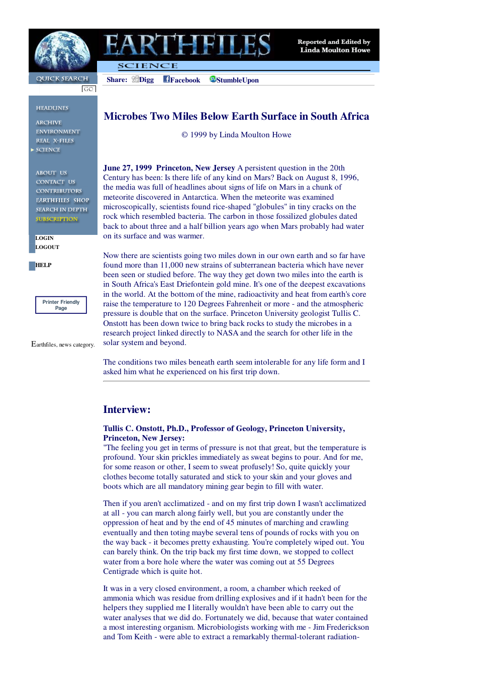 06 27 1999 Microbes Two Miles Below Earth Surface in South Africa cover