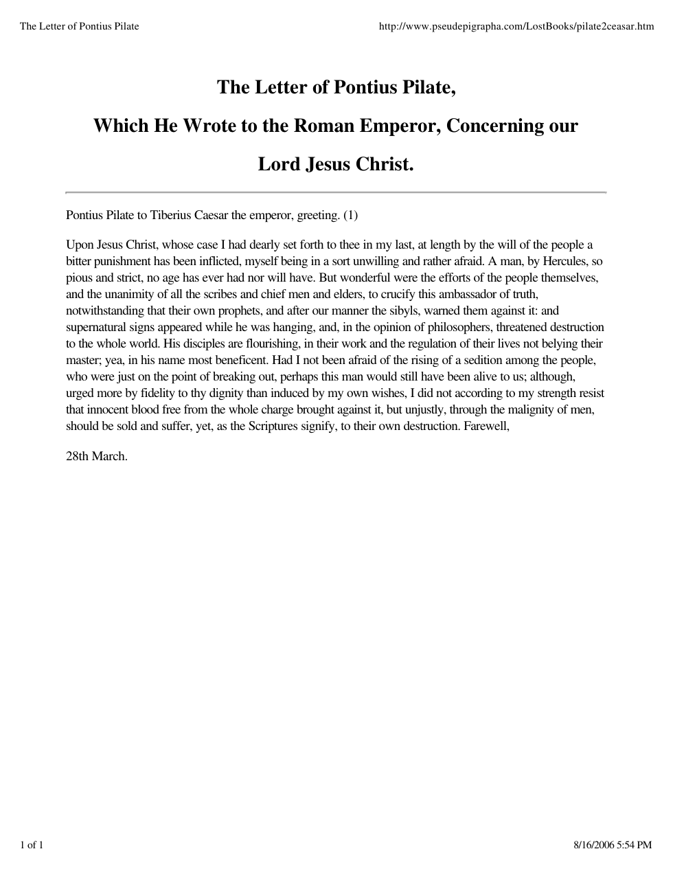Letter of Pontius Pilate to Caesar cover