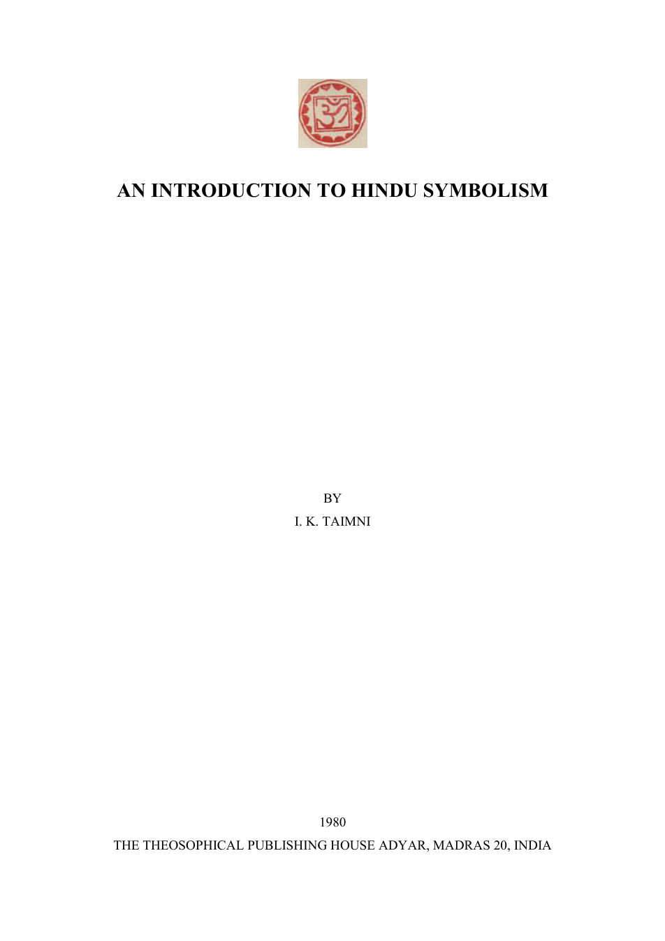 Taimni - An Introduction to Hindu Symbolism cover